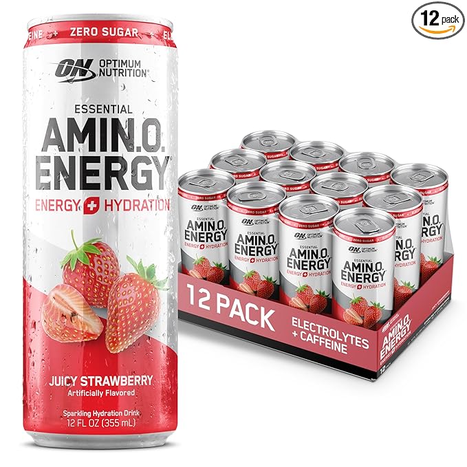 Optimum Nutrition Amino Energy Sparkling Hydration Drink Electrolytes Caffeine Amino Acids BCAAs Sugar Free Juicy Strawberry 12 Fl Oz 12 Pack (Packaging May Vary)