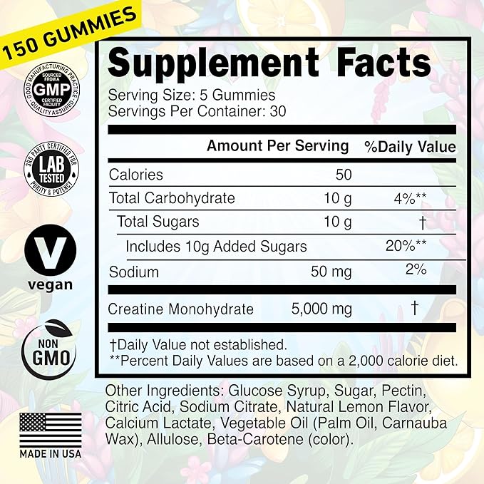 Creatine Monohydrate Gummies for Men &amp Women 5000mg - Made in USA Potency Tested Vegan Supports Muscle Growth Strength &amp Cognitive Function Non-GMO Gluten-Free Lemon Flavored Creatine 150