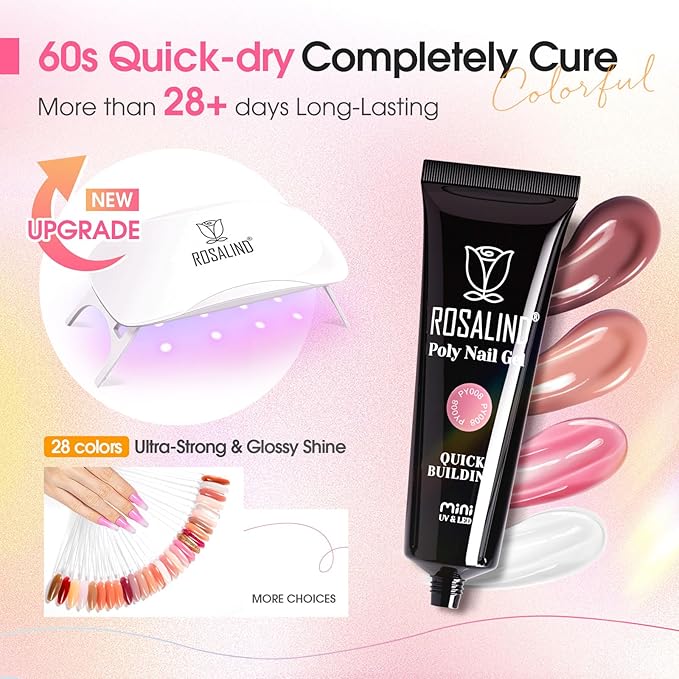 ROSALIND Poly Nail Gel Kit for Beginners - 28 Colors Extension Gel Set with UV/LED Nail Lamp 72 Accessories (Base/Top Coat Nail Forms Tools) Long Lasting Salon Kit for DIY Manicure