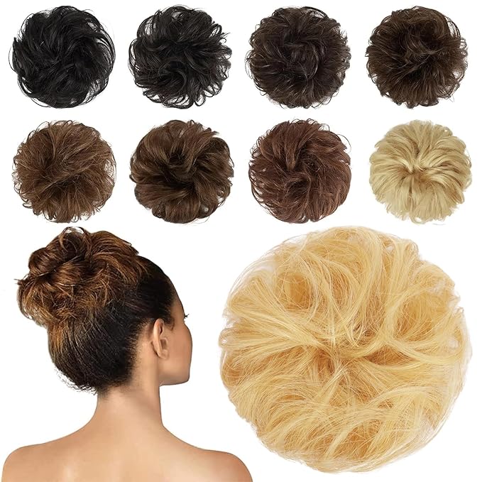 FESHFEN Human Messy Buns - 100% Human Hair Bun Real Scrunchies Hair Pieces Ponytail Extensions Wavy Tousled Updo Chignon Hairpieces for WomenMixed Blonde