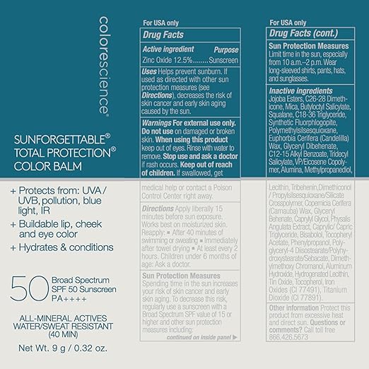 Colorescience Sunforgettable Total Protection Color Balm SPF 50 Mineral Broad Spectrum Buildable Lip &amp Cheek Color