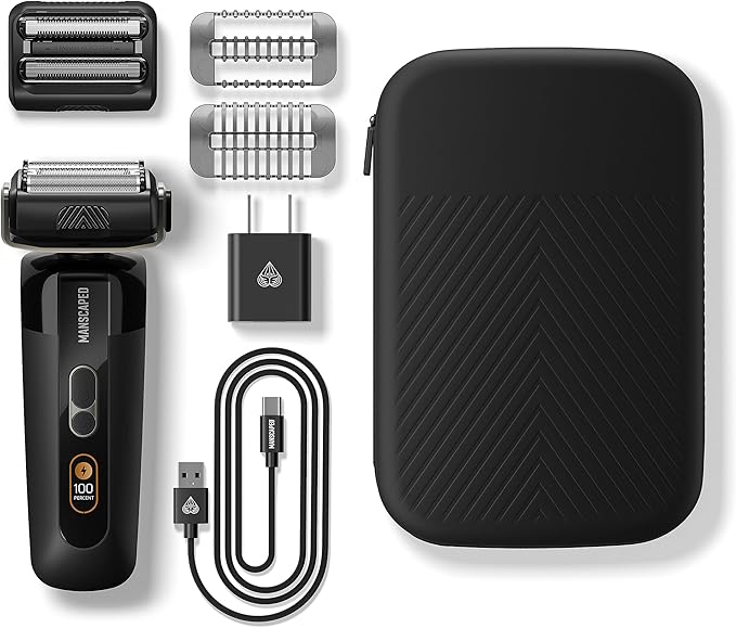 MANSCAPED® The Chairman??PRO Men?™s Electric Foil Face Shaver - Two Interchangeable Blade Heads SkinSafe® Four-Blade Foil &amp Stubble Trimmer USB-C Wireless Compatible Charging Gentle on Neck