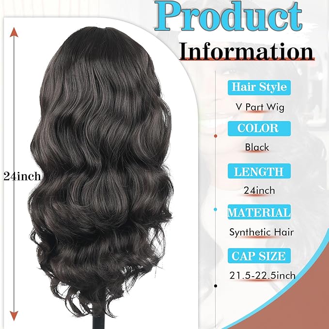 KRSI Natural Black V Part Wig Curly Wavy Upgrade U Part Wig Thin Leave Out Clip in Half Wigs Scalp Protective Glueless Synthetic V Part Wigs for Black Women