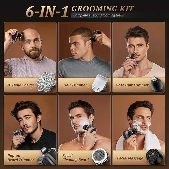 Head Shavers for Bald Men Professional 5-in-1 Electric Head Shaver Grooming Kit 7D Floating Wet &amp Dry Electric Razor for Bald Heads with LED Smart Display &amp Type-C Charging for Hair/Face/Bea
