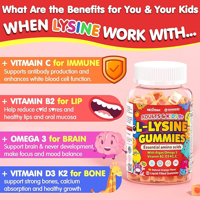 L-Lysine Gummies 500/1000mg with Algae Omega 3 Vitamin B2 D3 K2 C for Kids 9+ Teen &amp Adult Lysine Supplement Support Immune Lip &amp Oral Collagen Production Brain Bone Health Sugar Fr