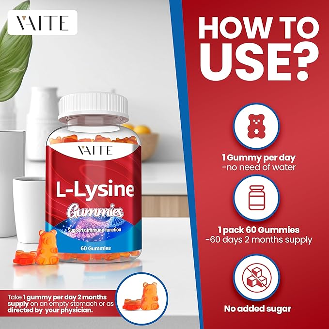 L-Lysine 1000mg Gummies - Supports Skin Lip Vegan Gluten Free 60 Chewable Lysine for Adults Vitamins Tissue Health &amp Immune System Amino Acid Vitamin Supplement &amp Complex Supplements (3