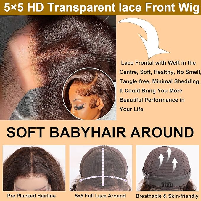 5x5 HD Transparent Lace Front Wigs Human Hair Pre Plucked with Baby Hair 30Inch Deep Wave Wigs 180% Density Brazilian Virgin Hair Partial Glueless Chocolate Brown Wigs for Women