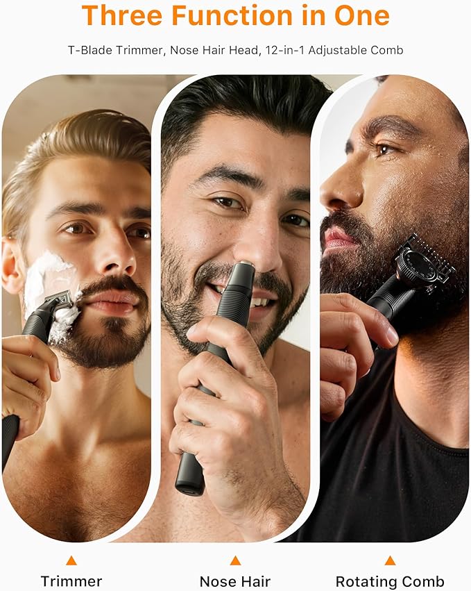 [2025 Upgraded] Beard &amp Nose Hair Trimmer Kit [All-in-One] 12 in 1 Rotating Comb Travel Body Hair Electric Shaver for Men USB-C Fast Charging Painless Razor Waterproof Wet/Dry Black(Pack)