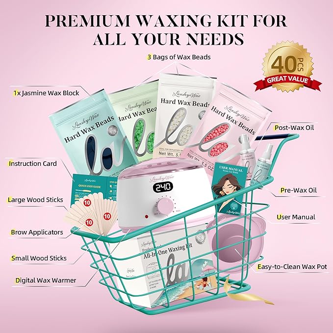LANSLEYWAX Digital Waxing Kit for Women Men - Pink Wax Machine with 39 Accessories - Hard Wax Kit for Face Eyebrow Lip Brazilian Bikini Sensitive Skin Waxing Warmer Hair Removal for Home/Salon Use