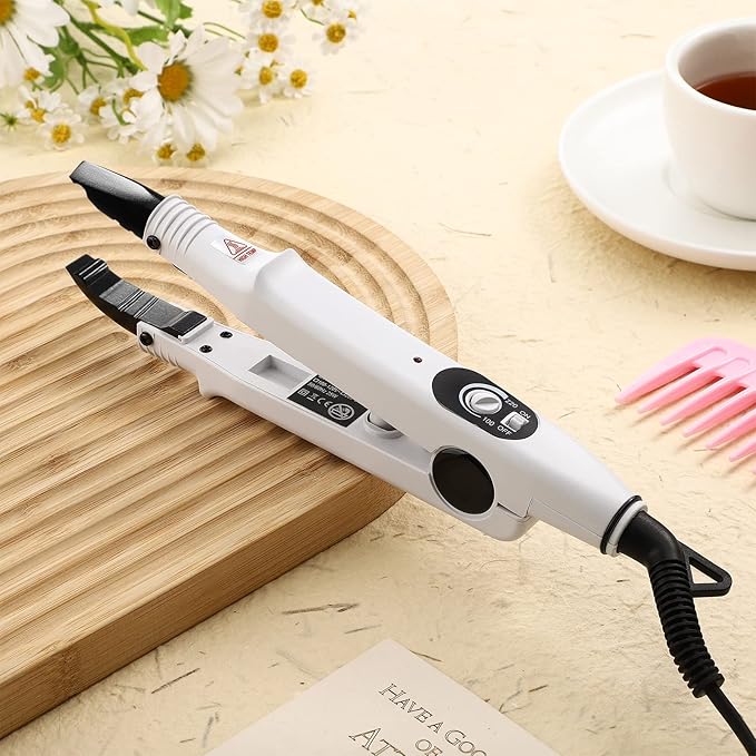 Hair Extensions Iron Fusion Keratin Hair Extensions Heat Tool Heat Connector Wand with Fusion Glue Protector Template Hair Clip Finger Protector 2 Bag Keratin Glue Granule Bead(White)