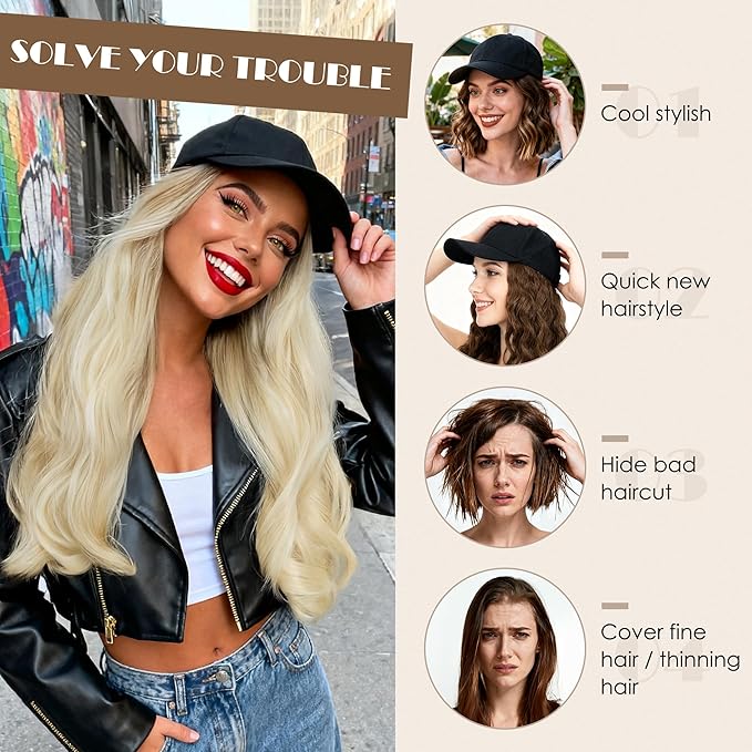 S-noilite Hat Wig for Women Black Baseball Cap Wig with Short BOB Hair Attached Adjustable Hat Wigs Synthetic Hair Extensions Ash Brown Highlighted Blonde