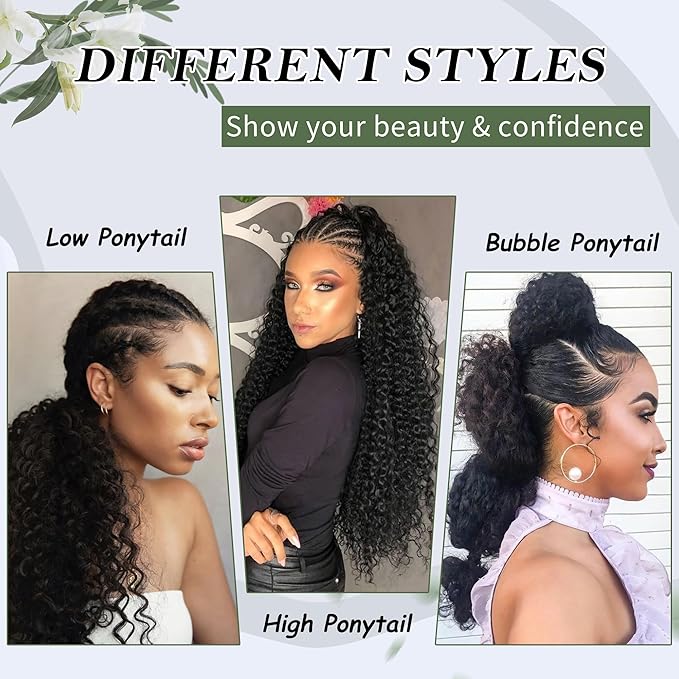 27 Inch Drawstring Ponytail Extension for Black Women Deep Curly Ponytail Extension Synthetic Mixed with Human Hair Hairpieces Afro Kinky Curly Pony Tail for Daily Use (Brown Highlight)
