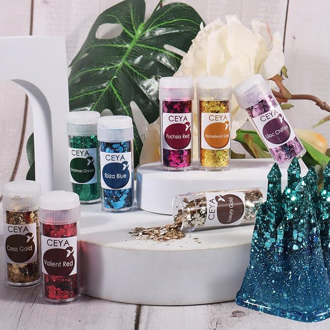 Ceya Chunky Glitter Set 32 Colors 11.28 oz/ 320g Craft Glitter Powder Mixed Chunky Fine Sparkle Flakes Each 15ml Iridescent Nail Sequins for Epoxy Resin Nail Art Tumbler Slime Festival Decor