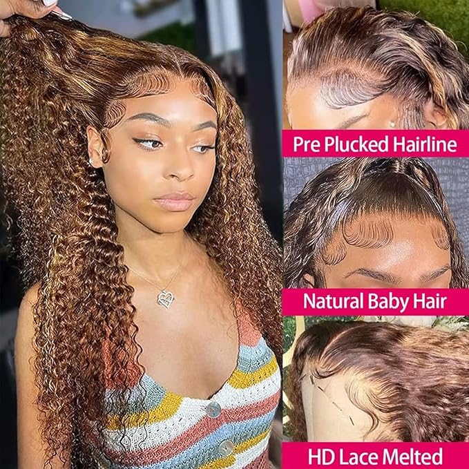 Curly Human Hair Wig Highlight P4/30 Lace Frontal Closure Deep Wave Human Hair Wig Pre Plucked Pre Cut Lace Frontal Closure Closure Glueless Wigs Elastic Band 200% Density 18 Inch
