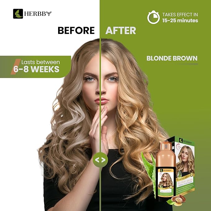 HERBBY Hair Color Shampoo for Gray Hair Coverage&ampColor Transform with 9 Herbal Extracts ?Long Lasting(6-8 Weeks)ShinyEvenly ColoredInstant Hair Dye Shampoo&ampConditioner 500 Ml (BLONDE BROWN