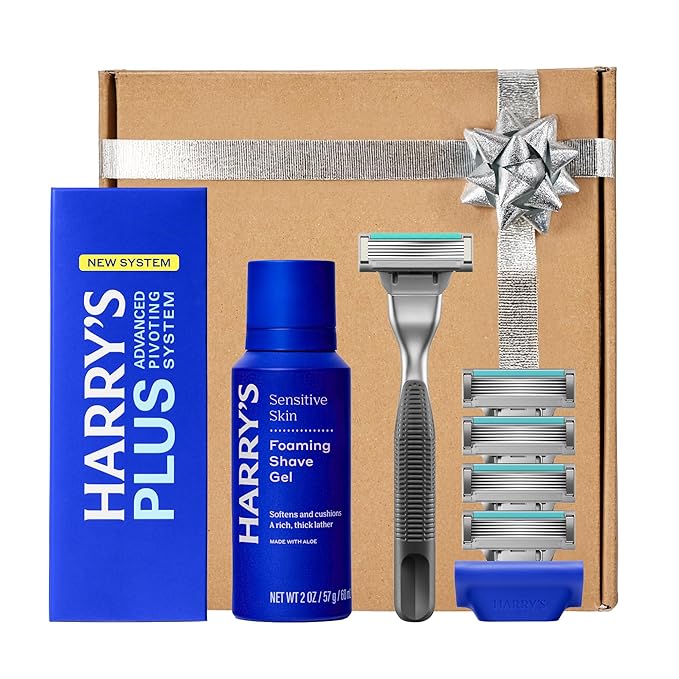 HARRY'S PLUS: Shaving Kit for Men ? Gift Box with Premium Handle 5 Razor Blade Cartridges 2 oz Foaming Shave Gel &amp Travel Cover Advanced Pivoting System ? Onyx