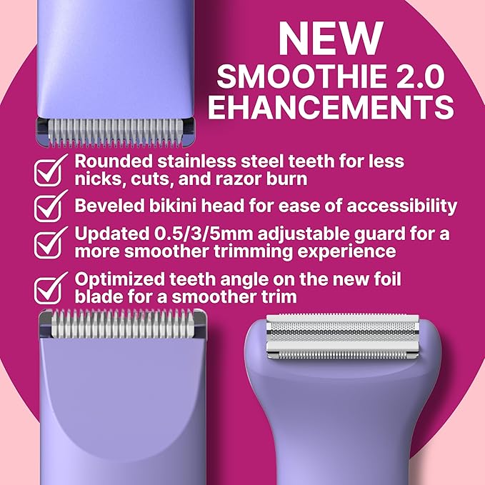 HAPPY CURVES Smoothie 2.0 Bikini Trimmer - Electric Razor for Women Waterproof Hair Groomer with Adjustable Guards Personal Shaver for Pubic Hair Ladies Intimate Shaver and Body Trimmer (Berry)