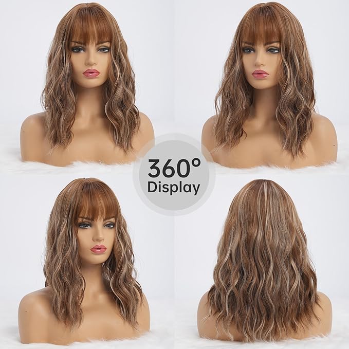 Light Brown Wigs with Highlight for Women Synthetic 16 inch Medium Length Wigs with Bangs Natural Long Wavy Fringe wig Heat Resistant Hair for Daily Party Use(16 inch)