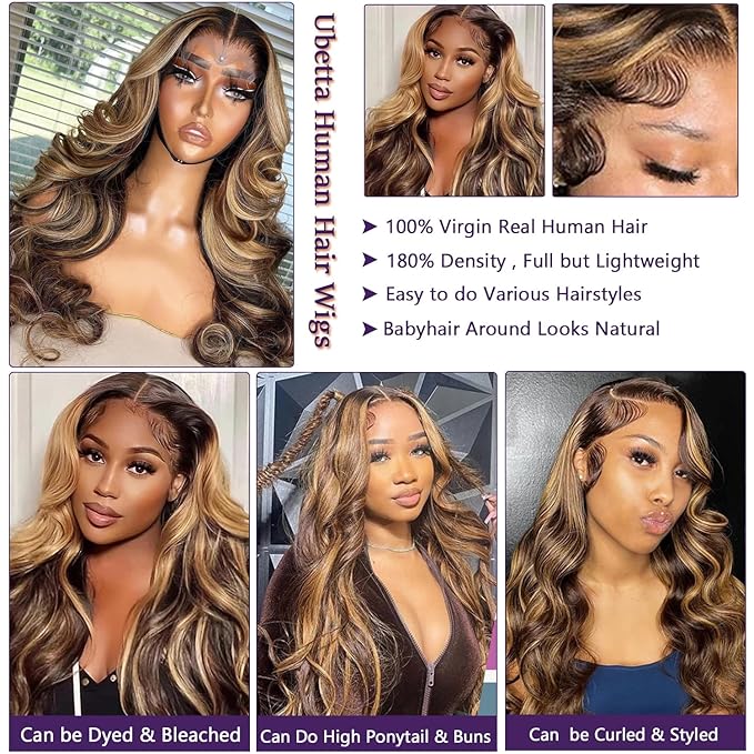 Ombre Brown Balayage Honey Blonde Highlight Wigs Human Hair Glueless Lace Front Wigs Human Hair Body Wave 13x6 Lace Front Wigs Pre Plucked Human Hair 20 Inch Brown Balayage Blonde Highlights Wig
