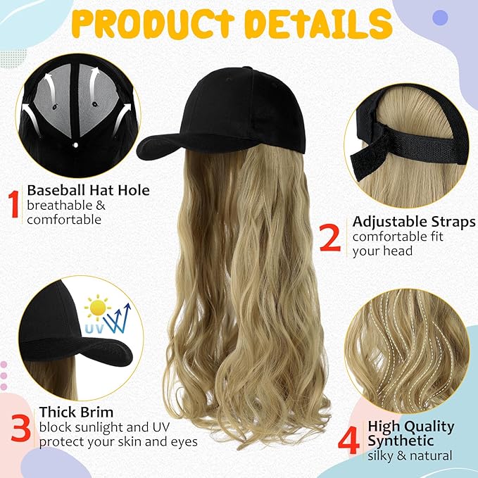 Baseball Hat WigHat with Hair attached 24'' Adjustable Black Cap with Long Wavy Synthetic Hair Extensions for Women Girls(Ash Blonde)