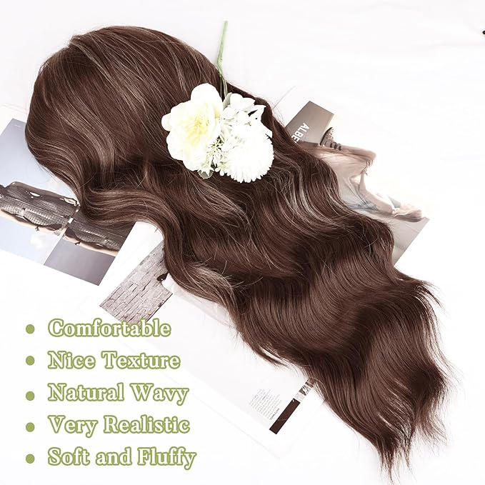 NAYOO Brown Wigs with Bangs for Women Long Curly Wavy Hair Wigs Heat Resistant Synthetic Fiber Wigs for Daily Party Use 26 Inches (Brown Mixed Blonde)