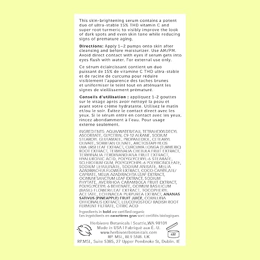 HERBIVORE Nova 15% Vitamin C + Turmeric Brightening Serum for Dark Spots Hyperpigmentation + Even Skin Tone | Vegan Plant-Based Cruelty-Free 30 mL / 1 oz