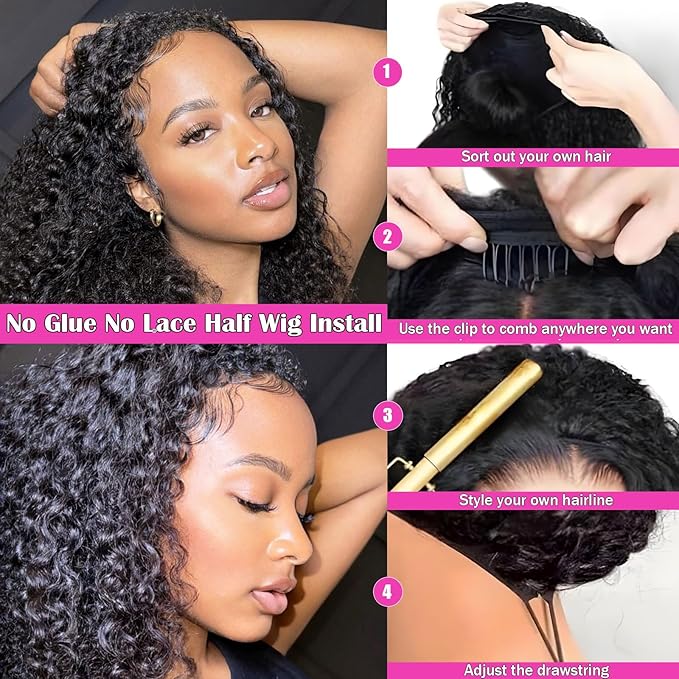 Kinky Curly Half Wig Human Hair for Black Women 16 Inch | 200% Density 3 in 1 Drawstring Seamless Flip Over | Glueless Wear and Go Wig with Invisible Hairline