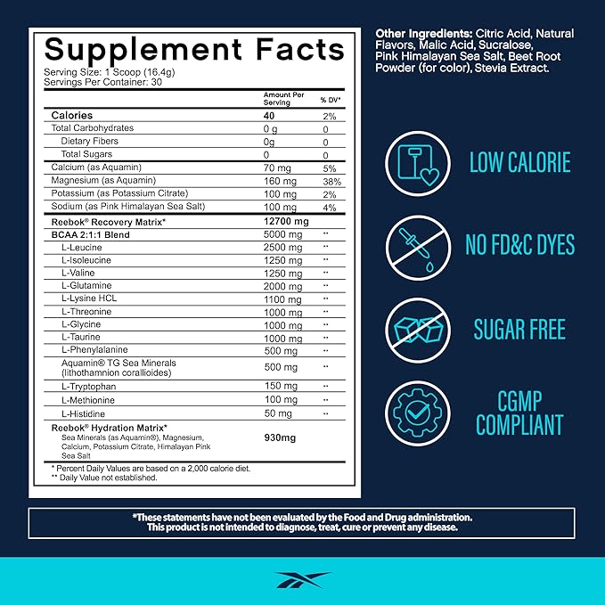 Reebok REECover Amino Acids + Electrolytes | 8g EAAs 5g BCAAs Hydration Matrix | Muscle Recovery Strength | Post-Workout Support | 30 Servings | Strawberry Lemonade