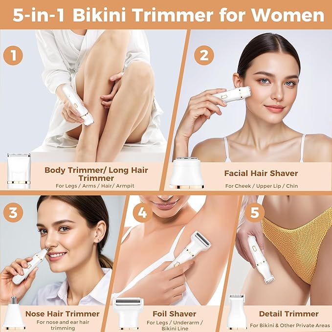 Bikini Trimmer for Women 5-in-1 Waterproof Electric Razors for Women Rechargeable Pubic Hair Trimmer Electric Shaver with Travel Pouch Body Shaver for Private Area Underarm Leg Face Nose White