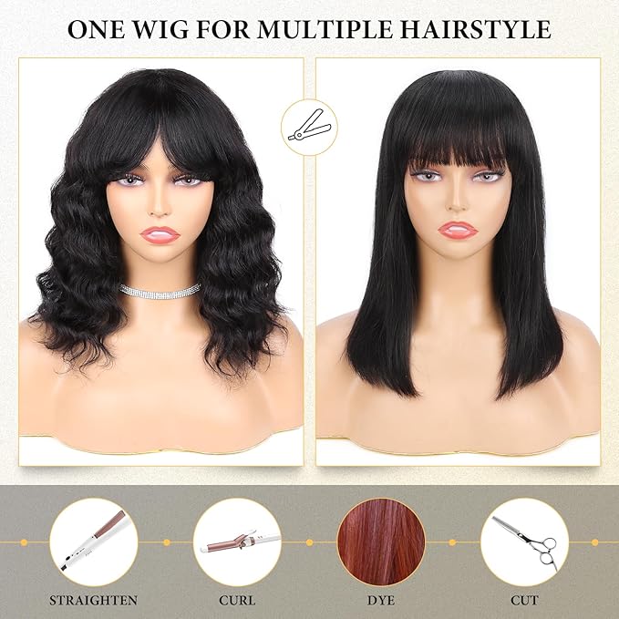 WIGNEE 100% Virgin Human Hair Loose Deep Wave Wigs with Bangs Brazilian Human Hair Wave Wig for Women Natural Black (12 Inch)