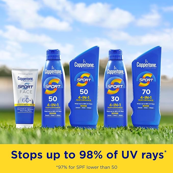 Coppertone Sport Sunscreen Lotion SPF 50 Sweat Heat and Water Resistant Sunblock Lightweight Oxybenzone Free Travel Size Sunscreen Bulk Pack 3 Fl Oz Bottle Pack of 6