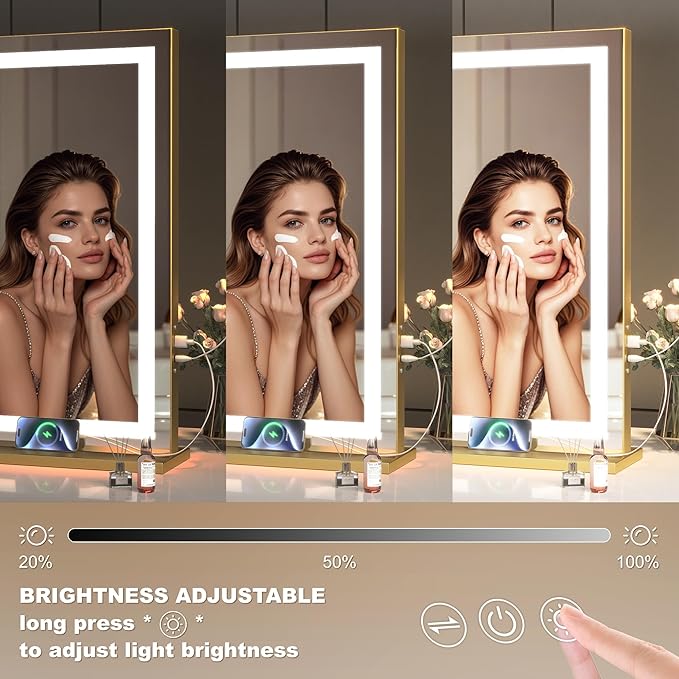 Hasipu Vanity Mirror with Lights 23 x 18 LED Makeup Mirror Lighted Makeup Mirror with Dimmable 3 Modes Touch Screen Control Vanity Mirror Square Gold