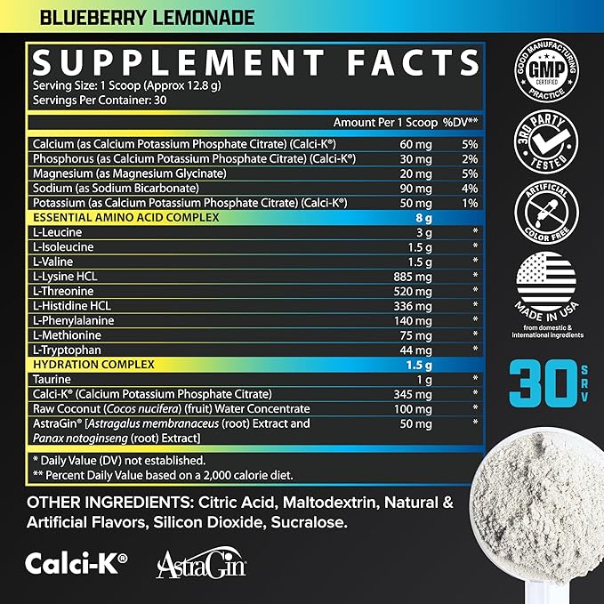 Nutrex Research EAA Hydration | EAAs + BCAA Powder | Muscle Recovery Strength Muscle Building Endurance | 8G Essential Amino Acids + Electrolytes | Blueberry Lemonade 30 Servings