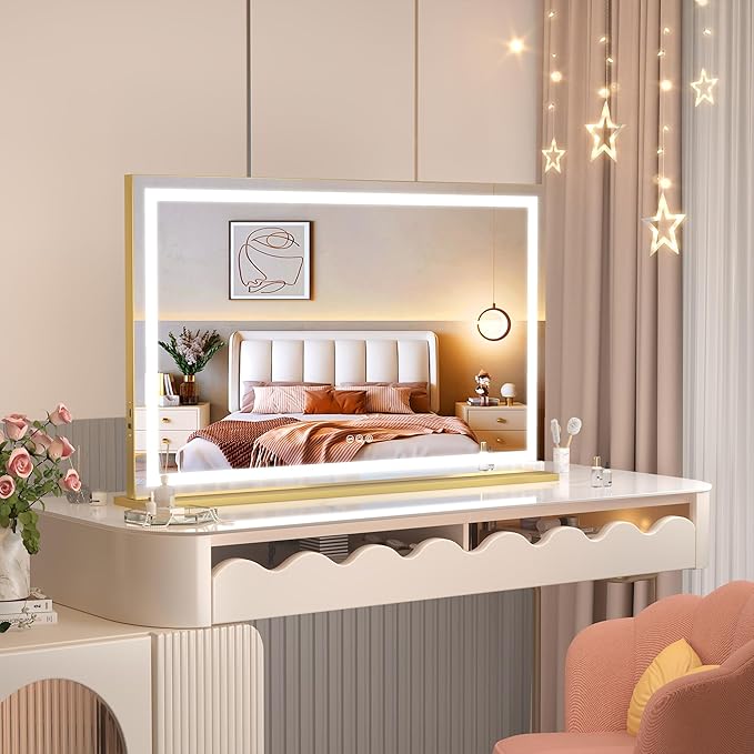Hasipu Vanity Mirror with Lights 23 x 18 LED Makeup Mirror Lighted Makeup Mirror with Dimmable 3 Modes Touch Screen Control Vanity Mirror Square Gold