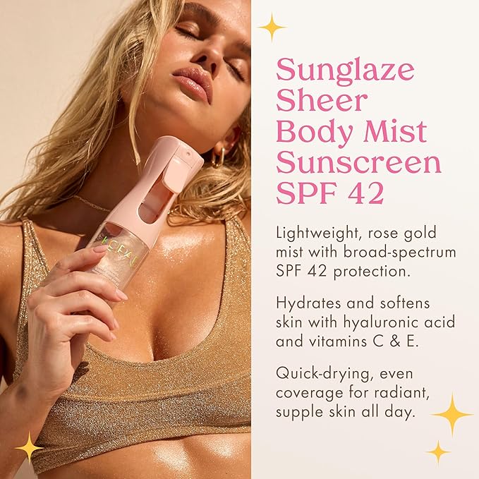 Kopari Rose Gold Sunglaze Sheer Body Mist Sunscreen SPF 42 Infused with Shimmering Body Oil Hydrating Mist Hydrates Brightens Makeup Friendly Gives Skin a Glowy Finish Lightweight
