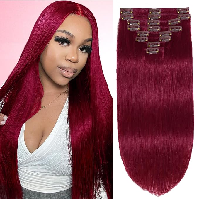 Clip in Hair Extensions Real Human Hair 99J Burgundy 16inch 110g Long Straight Silky Hair Extensions Real Human Hair 8pcs Double Weft Handmade Per Set with 18clips Clip on Extensions