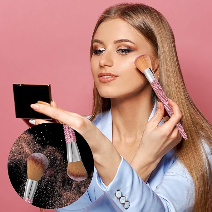 Rtteri 13 Pcs Rhinestone Pink Makeup Brushes Set Bling Crystal Professional Face Cosmetics Blending Liquid Foundation Powder Concealer Eye Shadows Make up Beauty Tool Glitter with Holder