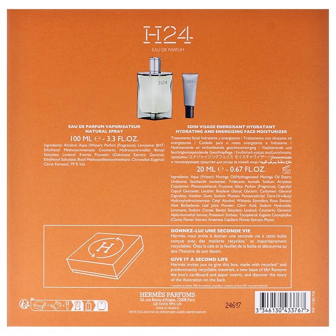 Hermes H24 for Men - 2 Pc Gift Set 3.3oz EDP Spray 0.68oz Face Moisturizer