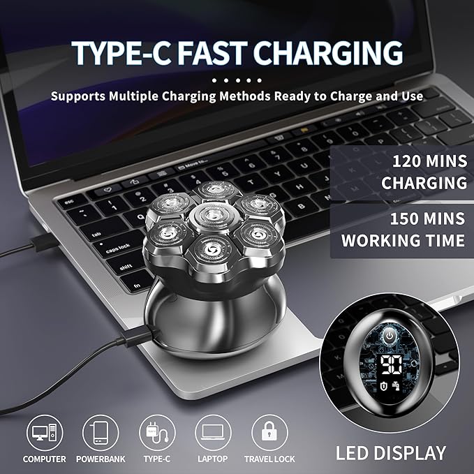 Head Shavers for Bald MenMagnetic Head ShaverWaterproof Wet Dry ShavingElectric Bald Head RazorLED DisplayCordless Rechargeable 7D Shaver for Scalp/Face/Beard with Type-C Charge