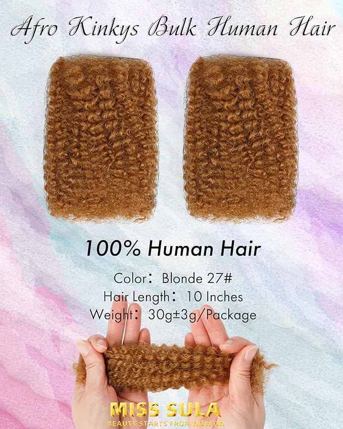 Afro Kinkys Bulk Human Hair ExtensionsKinky-Curly Real Human Hair for Dreadlocks/Locs Repair Twist &amp Braid Crochet Human Braiding Hair Bundles Natural Blonde 10 Inches 2 Packs27#
