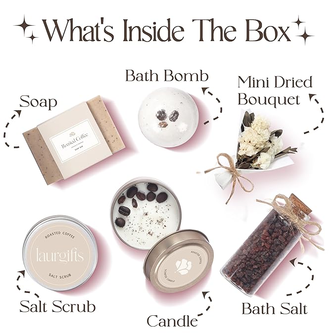 Coffee Spa Box for Women ? Small Relaxing Self Care Basket with Coffee Scented Candle Bath Bomb Soap &amp Salt Scrub ? Thoughtful Birthday Thank You Housewarming or Christmas Gift for Her