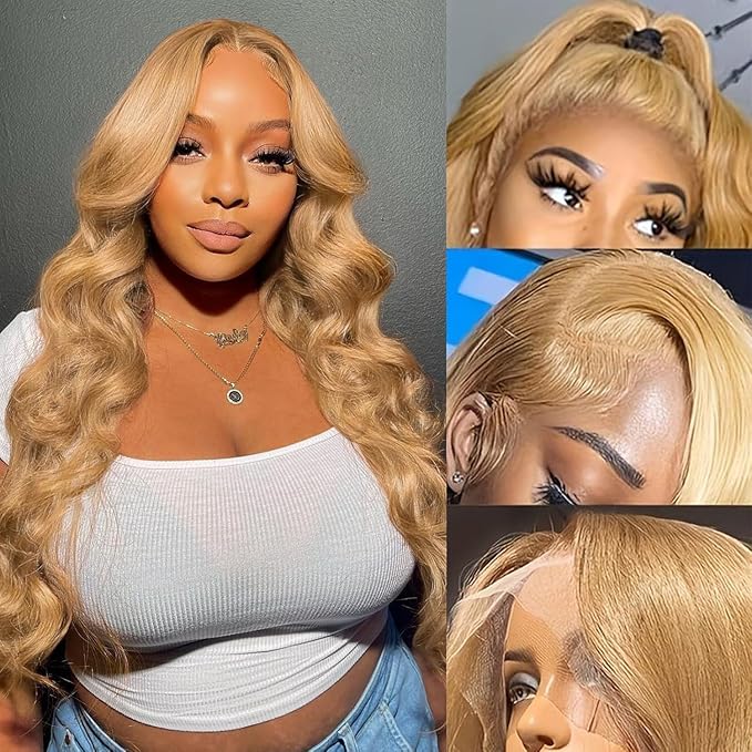 180% Density 13x6 Ash Blonde Lace Frontal Wig Human Hair Honey Blonde Body Wave Lace Frontal Wigs Human Hair 27# Colored Lace Front Wigs For Women Pre Plucked (22inch)