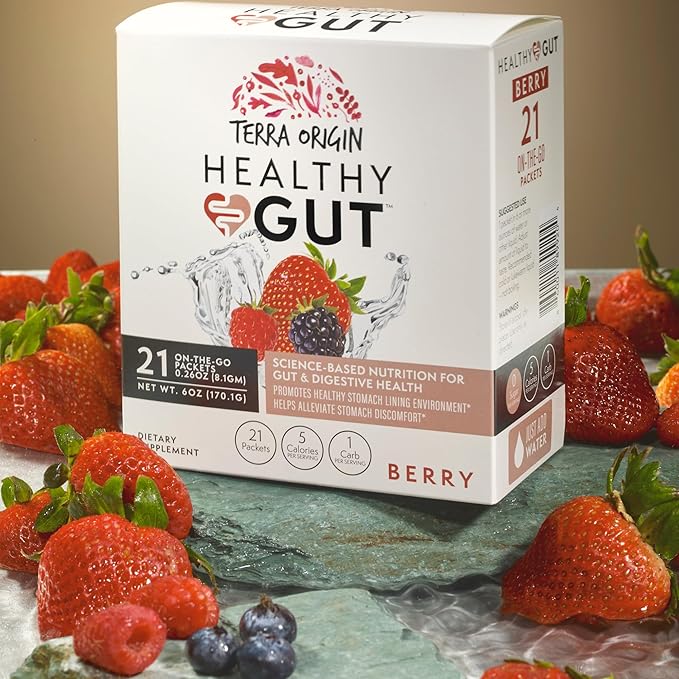 TERRA ORIGIN Healthy Gut Stick Packs L-Glutamine Slippery Elm Aloe Vera Licorice Root Extract Gut Health Digestive Support Leaky Gut Repair Immune Function On-The-Go 21 Ct Berry