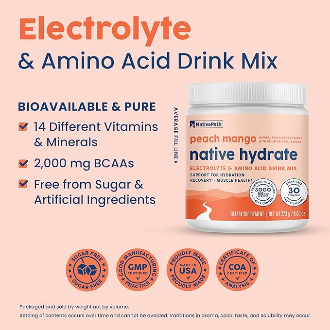 NativePath Native Hydrate Zero Sugar Electrolytes Powder with BCAAs Peach Mango Hydration Keto &amp Paleo Friendly 30 Servings