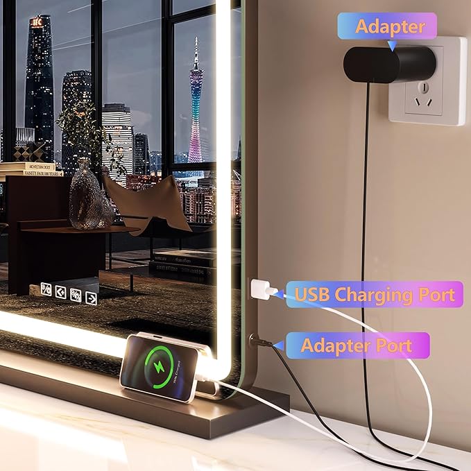 Hasipu Vanity Mirror with Lights and Bluetooth Speaker 32 x 21.7 LED Makeup Mirror Lighted Makeup Mirror with Dimmable 3 Modes USB Charging Port Round Black