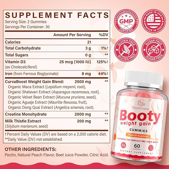 Booty Gummies for Women BBL Gummies Contains CurvaBoost BBL Herb Blend &amp Creatine Monohydrate for Booty Curves &amp Energy Zero Sugar Vegan Peach Flavor - 120 Counts