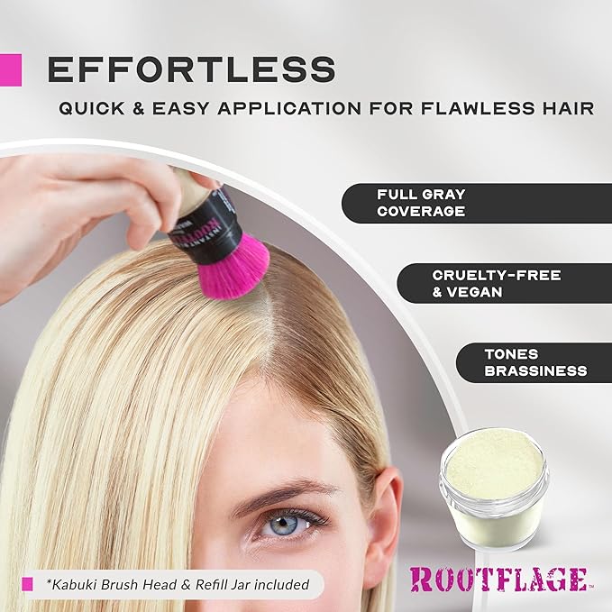 Rootflage Root Touch Up Hair Powder - Temporary Hair Color Root Concealer Thinning Hair Powder with Kabuki Applicator 31 oz + Rootflage Refill .31 oz + Small Detail Brush (LIGHT BLONDE)
