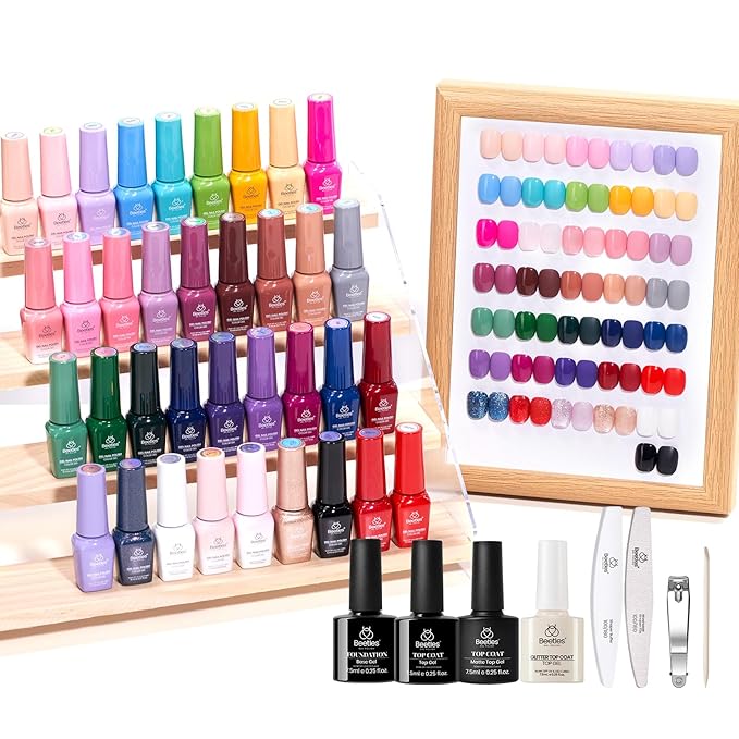 beetles Gel Polish Shifting Lights - Fall Gel Nail Polish Set Brown Burgundy Red Black White Green Purple Glitter 36 Colors with Base Coat Glossy Matte Glitter Top Coat UV LED Soak Off Gift for Women