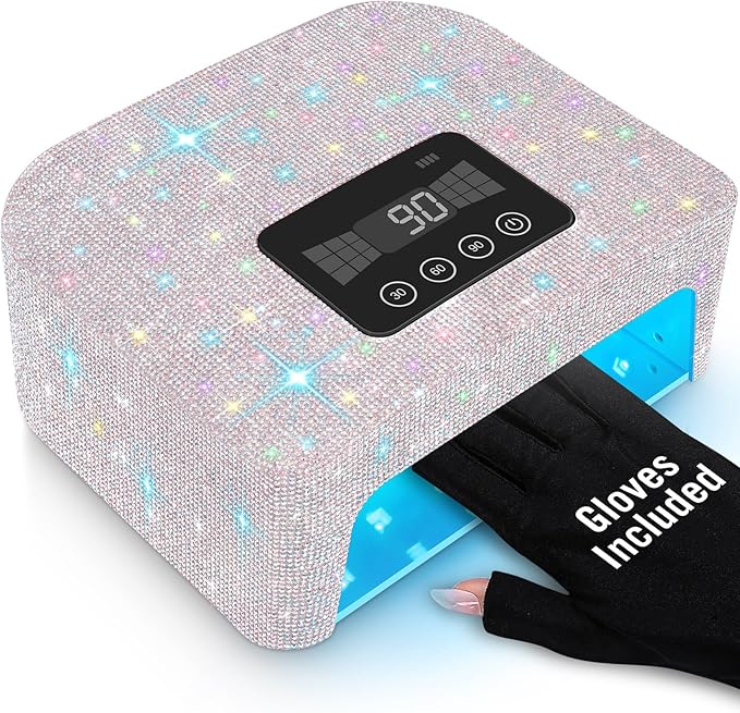 Aedavey Cordless UV Nail Lamp Rechargeable UV Light for Gel Nails LED Nail Lamp with 4 Timer Modes Gel Nail UV Light Decorate with Sparkling Nail Rhinestones (Sparkly White)