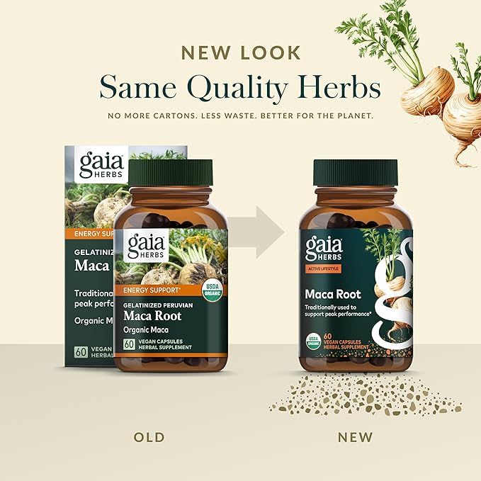 Gaia Herbs Maca Root - Caffeine-Free Natural Energy Supplement - Supports and Maintains Healthy Energy and Stamina - Made with Organic Maca Root (Lepidium meyenii) - 60 Vegan Capsules (30-Day Supply)